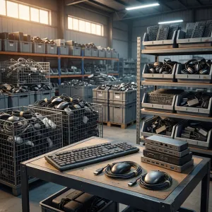 Scrap keyboards, computer accessories, and electronic equipment in a recycling warehouse.
