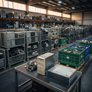 Old office computers, desktop towers, and electronic equipment collected for IT scrap recycling.