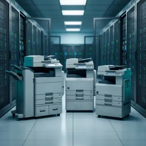 Scrap office printers and photocopiers in an electronics recycling facility.