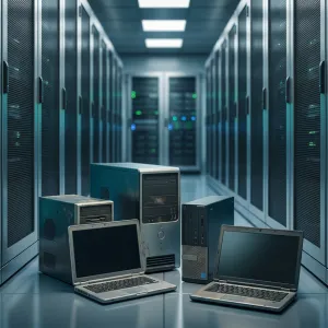 Old office laptops, desktop computers, and IT equipment collected for electronic scrap recycling.