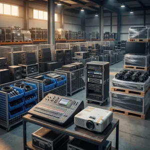 Scrap projectors, audio equipment, and electronic devices in a recycling warehouse.