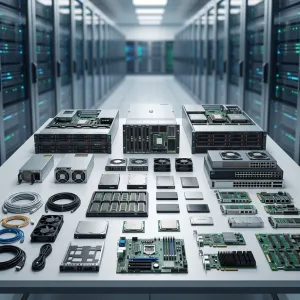 Old computer hardware, server parts, and IT equipment collected for electronic scrap recycling.