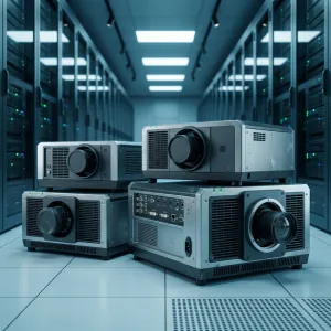 Scrap projectors arranged in an electronics recycling facility.