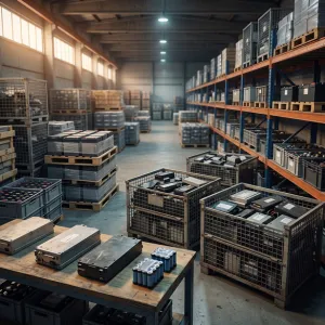 Used UPS batteries stored in a recycling warehouse for scrap collection and battery recovery.
