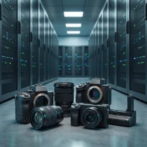 Scrap digital cameras and camera lenses in an electronics recycling facility.