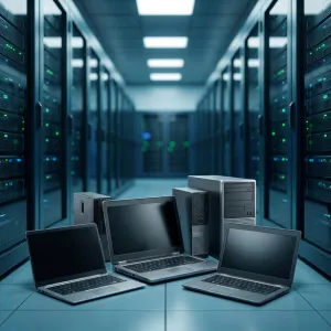Laptops and desktop computers arranged in a modern data center server room.