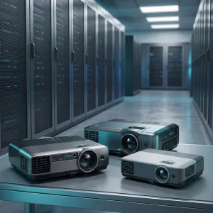 Scrap projectors stored for electronics recycling in a data center.