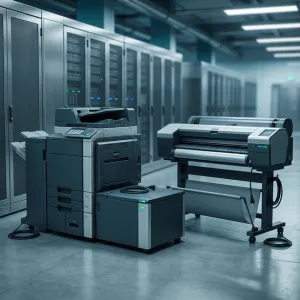 Scrap printers, copiers, and large office machines in a recycling facility.