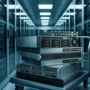 Stack of enterprise servers and networking equipment in a modern data center.