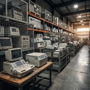 Old office computers, monitors, and electronic equipment stored for IT scrap recycling and disposal.
