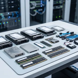 Used hard drives, RAM modules, SSDs, and computer components arranged on a table in a data center.