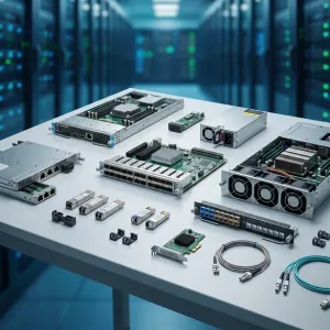 Scrap server parts and electronic components arranged for recycling.