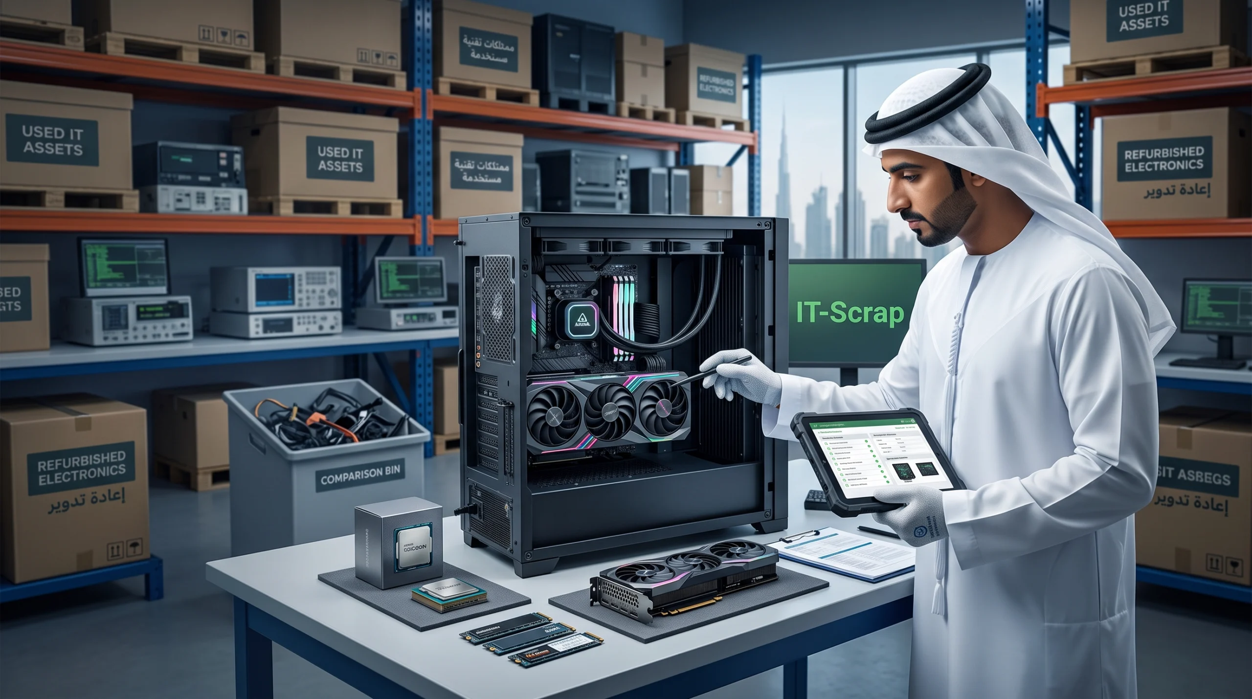 Gaming desktop scrap evaluation in UAE showing GPU, CPU, RAM and components valued separately instead of weight pricing