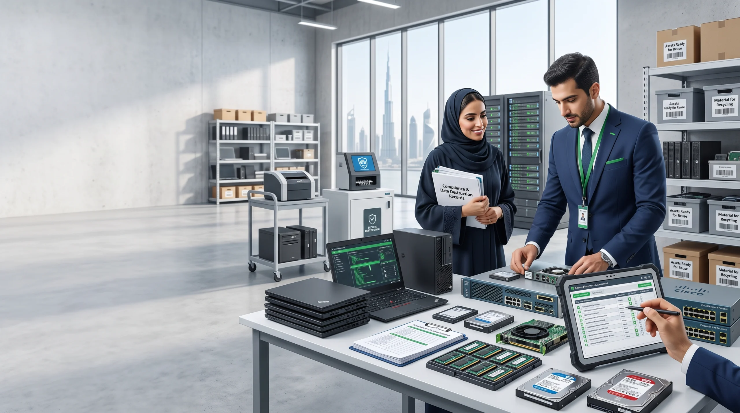 Professional IT scrap buyer in Dubai evaluating laptops, servers and networking equipment with secure data handling and fair valuation process.