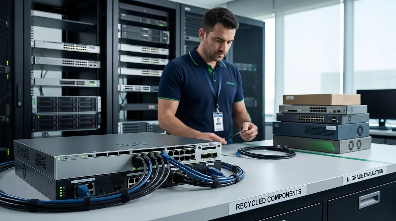 Professional IT technician evaluating enterprise networking switches, routers, and server equipment in a modern data center environment for IT asset buyback and recycling.