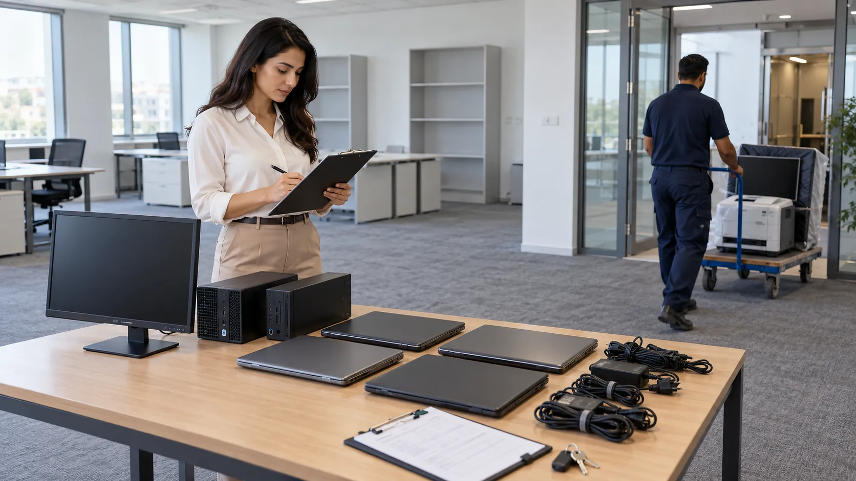 Office manager checking an IT inventory as a technician wheels equipment towards the exit.