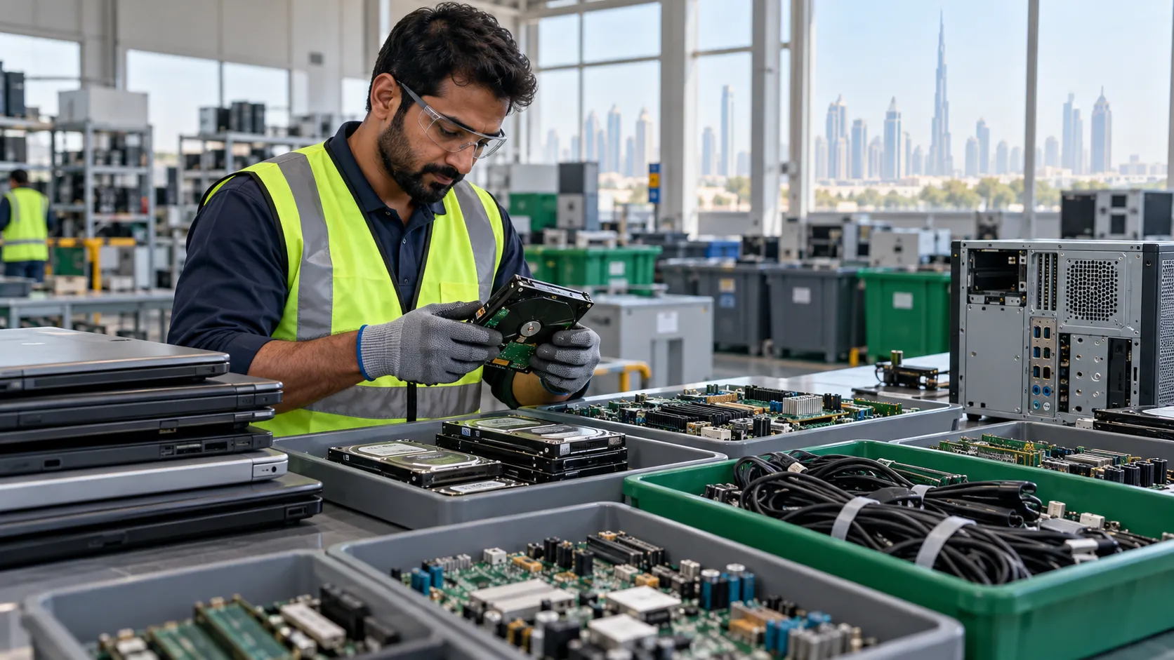 Technician sorting old laptops, hard drives, circuit boards and cables for electronics recycling.