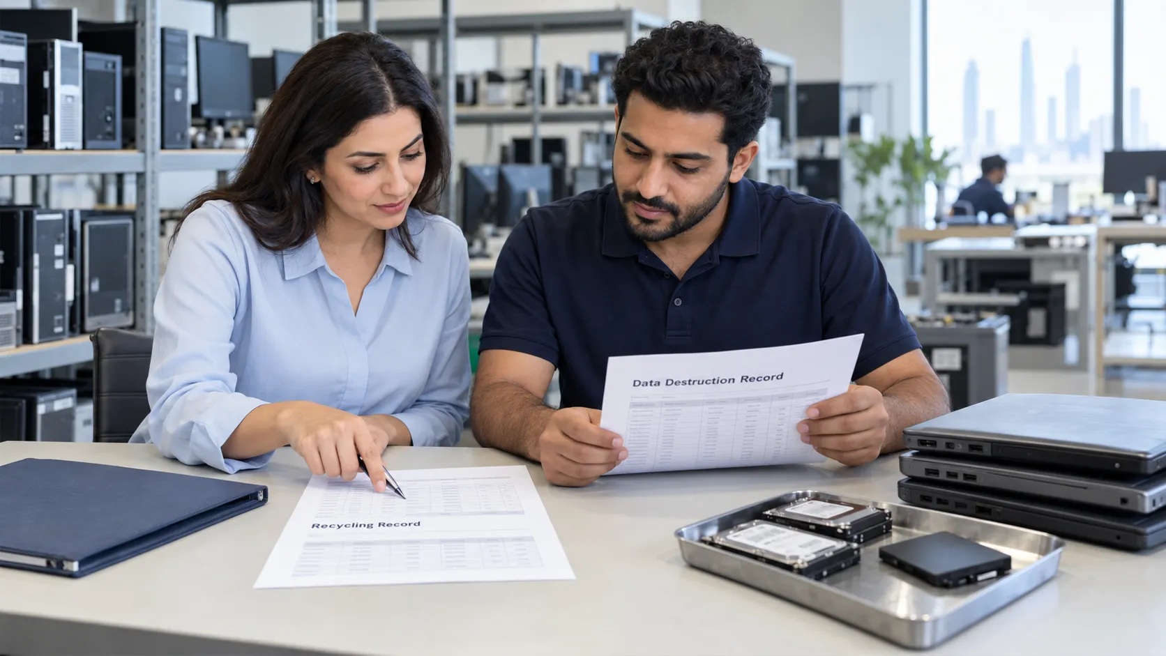 Two colleagues reviewing recycling and data destruction records beside used laptops and hard drives.
